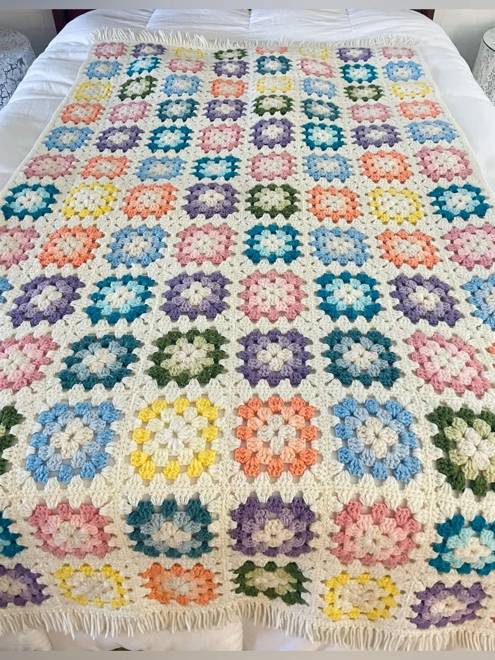 Vintage Handmade Crochet Granny Square Throw Blanket Pastels Fringed 40x78